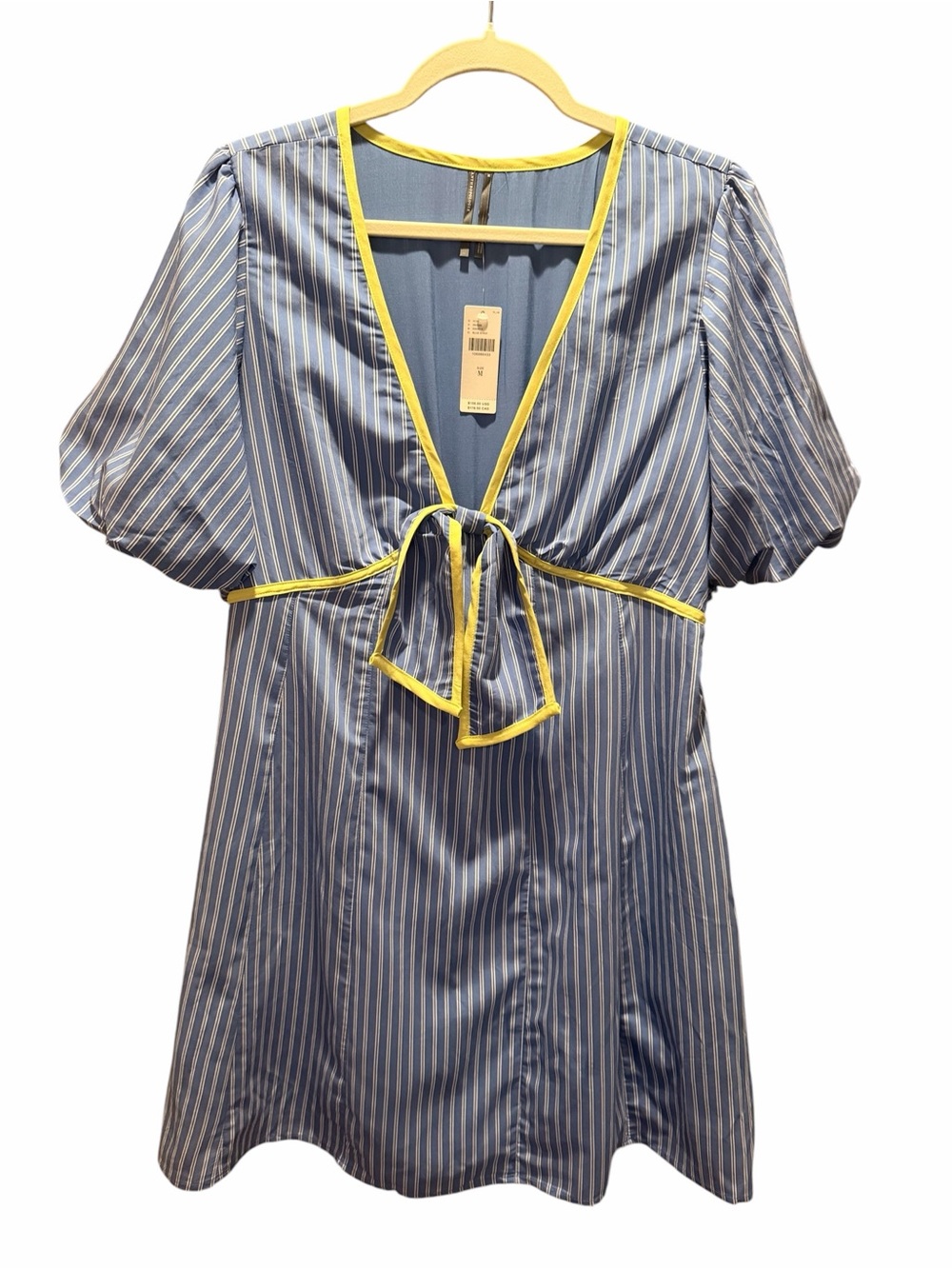 Anthropologie Blue & White Striped Tie-Front Mini Dress with Yellow Trim MEDIUM - Picture 1 of 9